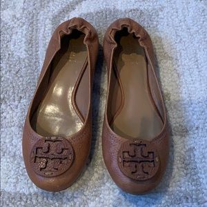 Pair of Tory Burch brown leather ballet flats